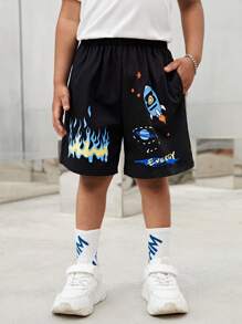 SHEIN Toddler Boys Fire & Cartoon Graphic Shorts - Black - View 1