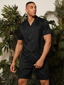 Manfinity Homme 男士卷軸提花襯衫和短褲套裝 - 黑色 - 查看 1