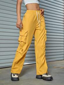 Street Flap Pocket Side Dây rút eo Quần ống rộng - Màu vàng - Xem 5