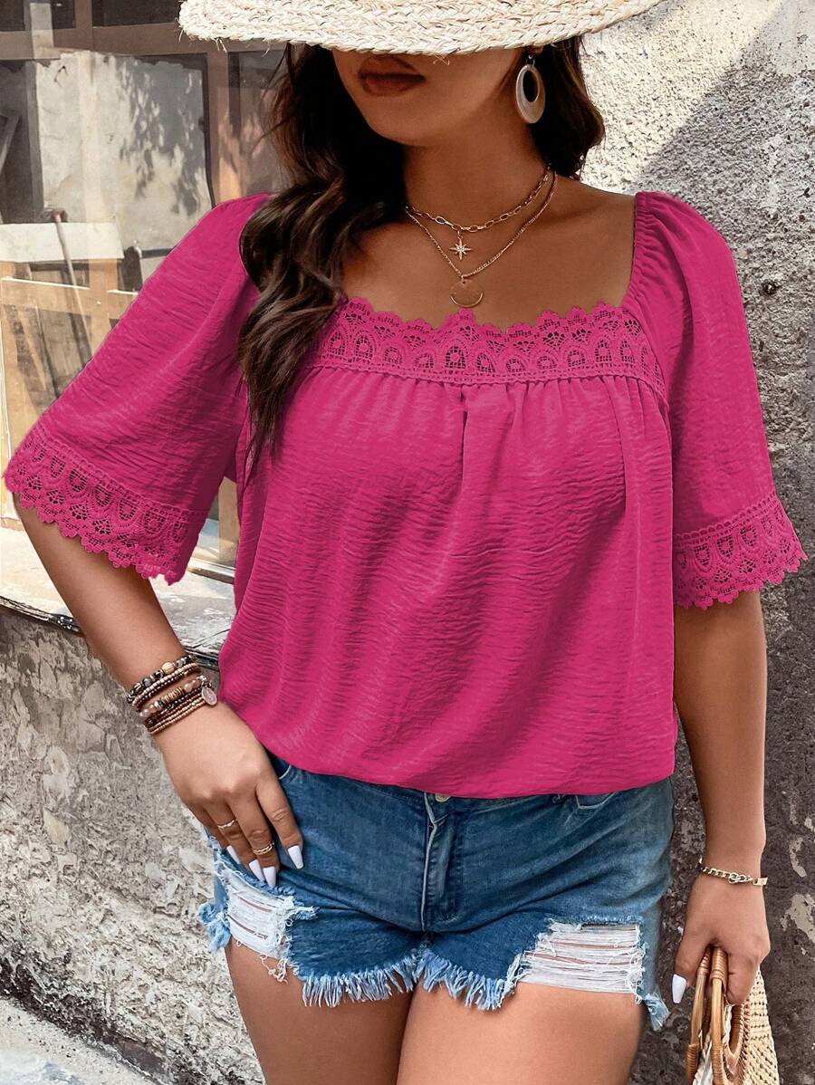 SHEIN LUNE Áo sơ mi Plus Size Tương phản ren màu trơn Giải trí - Màu Hồng Tươi - Xem 1