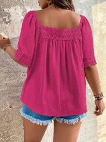 SHEIN LUNE Áo sơ mi Plus Size Tương phản ren màu trơn Giải trí - Màu Hồng Tươi - Xem 2