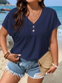 SHEIN Holidaya 大碼網眼刺繡蝙蝠袖紐扣細節T恤 - 藏蓝色 - 查看 1