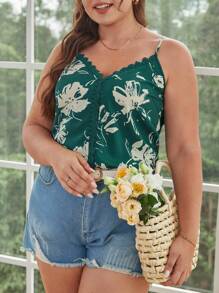 SHEIN Frenchy 大碼印花鏤空蕾絲花邊吊帶上衣 - 墨綠色 - 查看 3