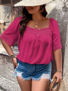 SHEIN LUNE Áo sơ mi Plus Size Tương phản ren màu trơn Giải trí - Màu Hồng Tươi - Xem 4
