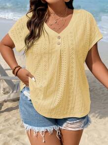 SHEIN Clasi 大碼網眼刺繡蝙蝠袖T恤 - 黃色 - 查看 3