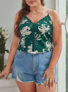 SHEIN Frenchy 大碼印花鏤空蕾絲花邊吊帶上衣 - 墨綠色 - 查看 5