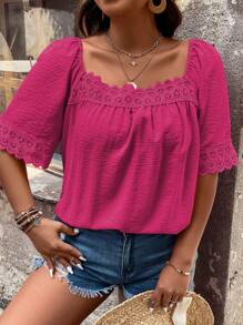 SHEIN LUNE Áo sơ mi Plus Size Tương phản ren màu trơn Giải trí - Màu Hồng Tươi - Xem 6