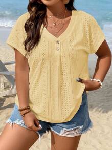 SHEIN Clasi 大碼網眼刺繡蝙蝠袖T恤 - 黃色 - 查看 4