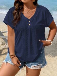 SHEIN Holidaya 大碼網眼刺繡蝙蝠袖紐扣細節T恤 - 藏蓝色 - 查看 7