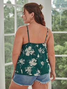 SHEIN Frenchy 大碼印花鏤空蕾絲花邊吊帶上衣 - 墨綠色 - 查看 7