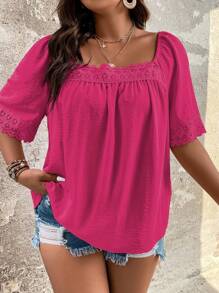 SHEIN LUNE Áo sơ mi Plus Size Tương phản ren màu trơn Giải trí - Màu Hồng Tươi - Xem 8