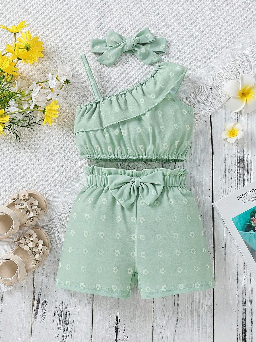 Bebé con estampado floral de cuello asimétrico ribete con fruncido Top & con lazo delantero Shorts con banda cabeza - verde menta - Ver 1