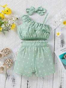 Bebé con estampado floral de cuello asimétrico ribete con fruncido Top & con lazo delantero Shorts con banda cabeza - verde menta - Ver 2