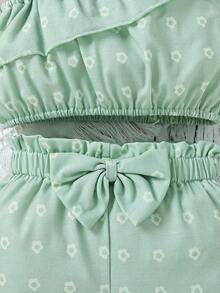 Bebé con estampado floral de cuello asimétrico ribete con fruncido Top & con lazo delantero Shorts con banda cabeza - verde menta - Ver 4