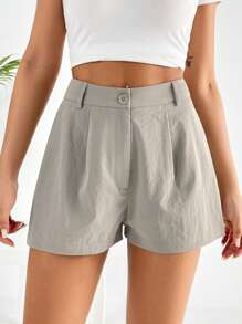 SHEIN EZwear Quần đùi nữ Nút Túi Dây kéo màu trơn Giải trí - Màu Khaki - Xem 1