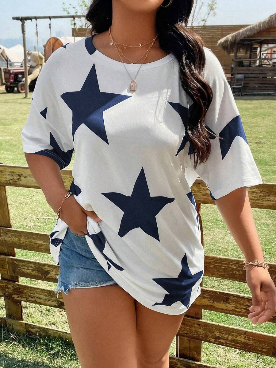 SHEIN LUNE 大碼星星印花落肩T恤 - 藏蓝色 - 查看 1