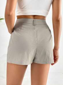SHEIN EZwear Quần đùi nữ Nút Túi Dây kéo màu trơn Giải trí - Màu Khaki - Xem 2