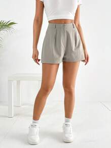 SHEIN EZwear Quần đùi nữ Nút Túi Dây kéo màu trơn Giải trí - Màu Khaki - Xem 3