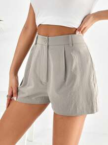 SHEIN EZwear Quần đùi nữ Nút Túi Dây kéo màu trơn Giải trí - Màu Khaki - Xem 4