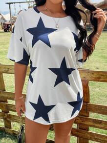 SHEIN LUNE 大碼星星印花落肩T恤 - 藏蓝色 - 查看 4