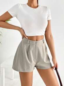 SHEIN EZwear Quần đùi nữ Nút Túi Dây kéo màu trơn Giải trí - Màu Khaki - Xem 5