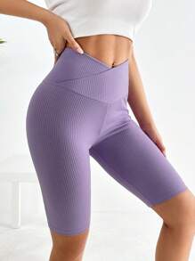 SHEIN EZwear 不對稱腰帶條紋針織騎行褲 - 紫色 - 查看 1