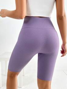 SHEIN EZwear 不對稱腰帶條紋針織騎行褲 - 紫色 - 查看 2
