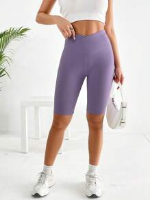 SHEIN EZwear 不對稱腰帶條紋針織騎行褲 - 紫色 - 查看 3