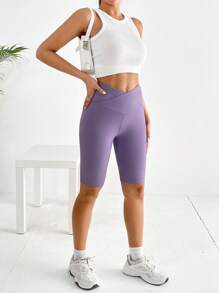 SHEIN EZwear 不對稱腰帶條紋針織騎行褲 - 紫色 - 查看 5
