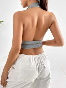 SHEIN EZwear Solid Backless Crop Halter Top - Light Grey - View 2