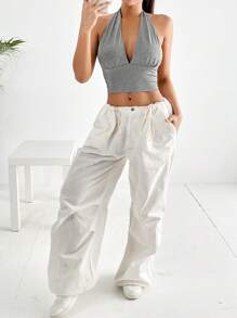 SHEIN EZwear Solid Backless Crop Halter Top - Light Grey - View 3