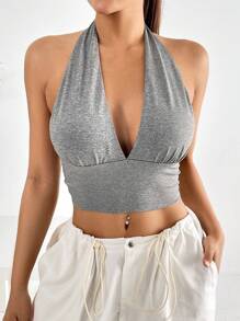 SHEIN EZwear Solid Backless Crop Halter Top - Light Grey - View 5