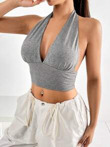 SHEIN EZwear Solid Backless Crop Halter Top - Light Grey - View 6