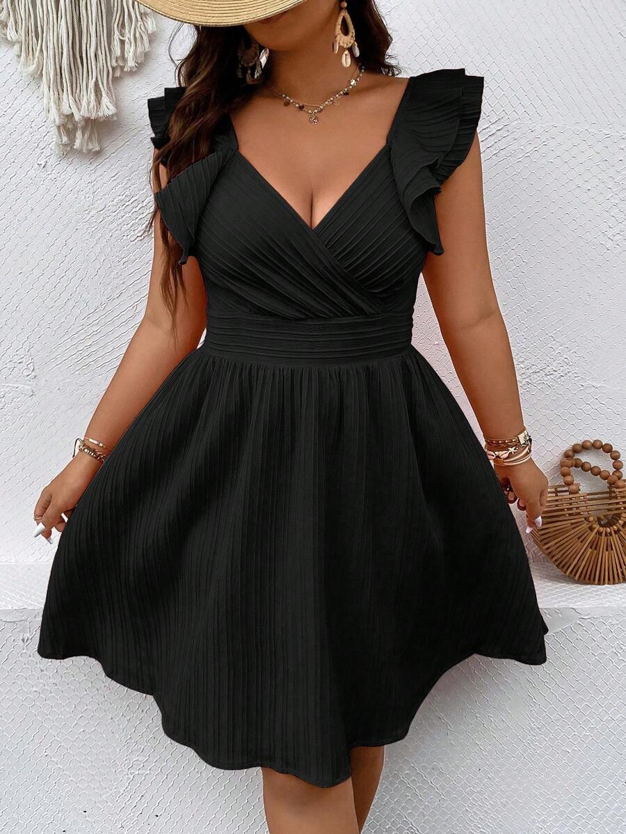 Breezaya Plus Ruffle Trim Dress - Black - View 1