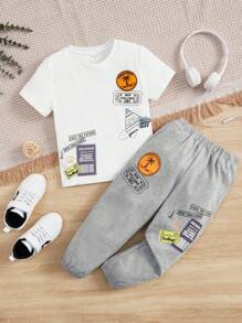 SHEIN 2件套男童休閒運動街頭風格寬鬆版型圓領卡通字母印花短袖T恤和夏季/秋季運動褲 - 彩色 - 查看 1