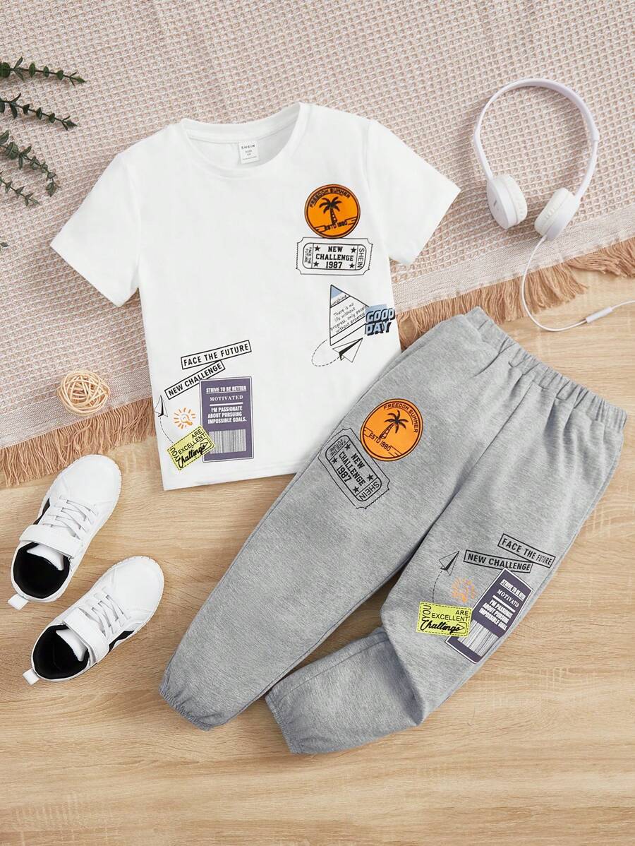 SHEIN 2件套男童休閒運動街頭風格寬鬆版型圓領卡通字母印花短袖T恤和夏季/秋季運動褲 - 彩色 - 查看 1