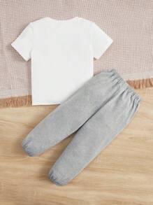 SHEIN 2件套男童休閒運動街頭風格寬鬆版型圓領卡通字母印花短袖T恤和夏季/秋季運動褲 - 彩色 - 查看 2