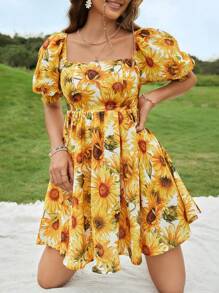 Soleia Vestido con estampado de girasol de cuello cuadrado de manga farol - Multicolor - Ver 1