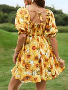 Soleia Vestido con estampado de girasol de cuello cuadrado de manga farol - Multicolor - Ver 2