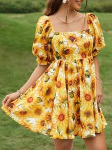 Soleia Vestido con estampado de girasol de cuello cuadrado de manga farol - Multicolor - Ver 3