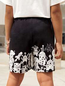 SHEIN Toddler Boys Cartoon Graphic Drawstring Waist Shorts - Black and White - View 2
