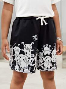 SHEIN Toddler Boys Cartoon Graphic Drawstring Waist Shorts - Black and White - View 1