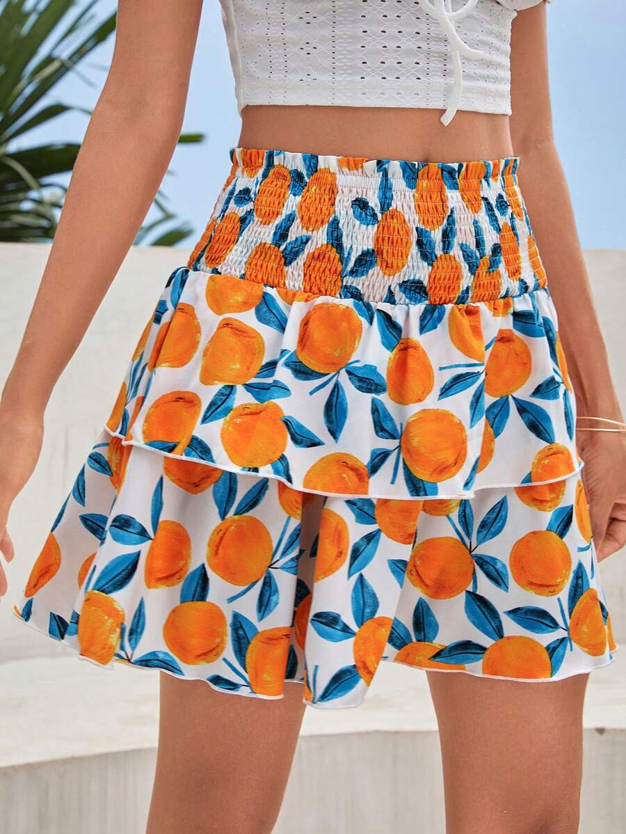 Soleia 水果印花紙袋腰雙層下擺半身裙 - 彩色 - 查看 1