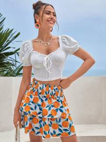 Soleia 水果印花紙袋腰雙層下擺半身裙 - 彩色 - 查看 4