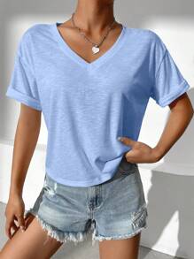 SHEIN Essnce Solid V Neck Drop Shoulder Tee - Baby Blue - View 1