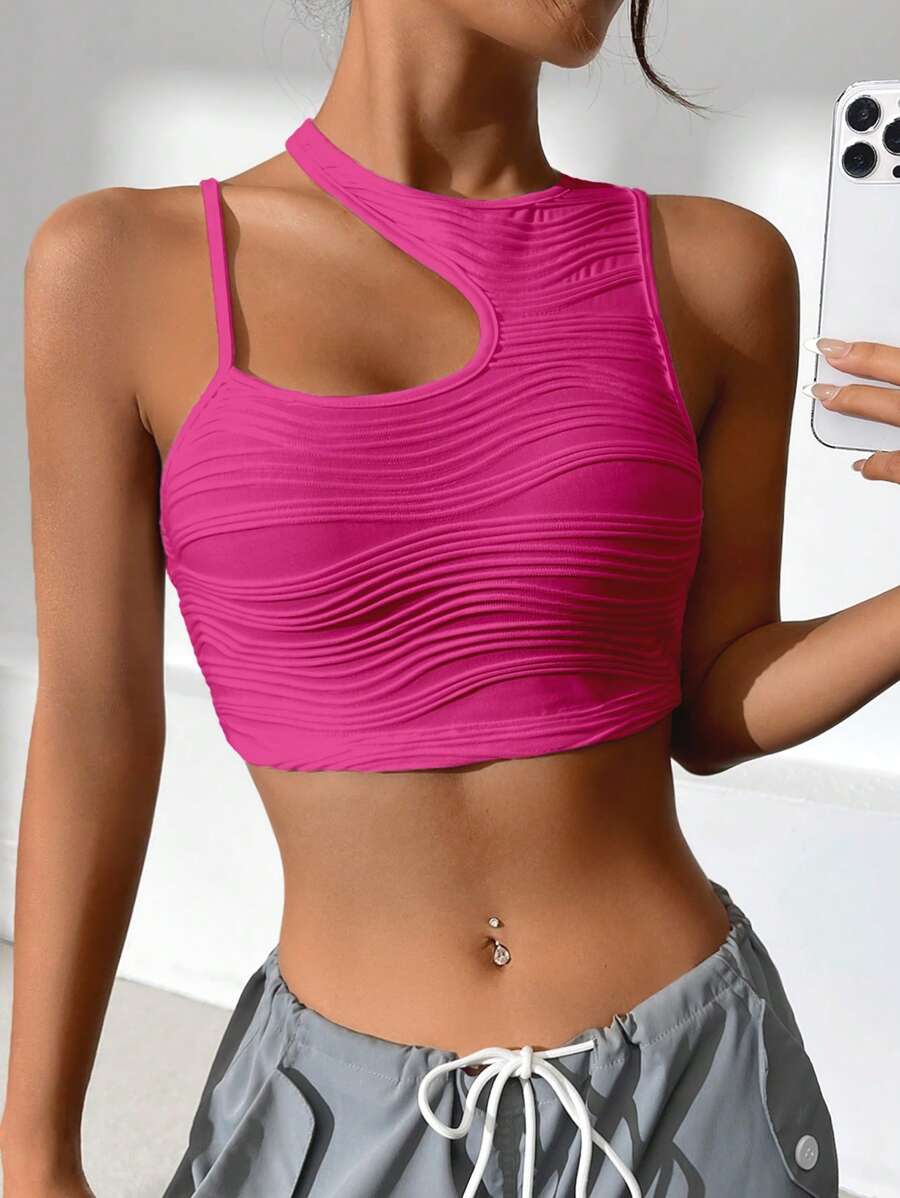 SHEIN EZwear Asymmetrical Neck Crop Top - Hot Pink - View 1