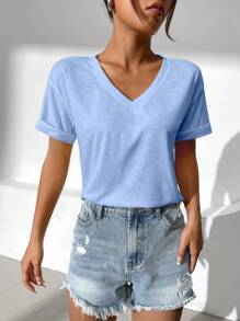 SHEIN Essnce Solid V Neck Drop Shoulder Tee - Baby Blue - View 3