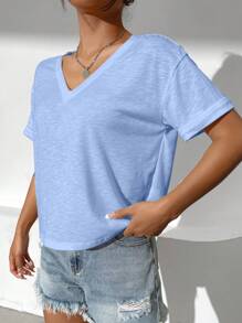 SHEIN Essnce Solid V Neck Drop Shoulder Tee - Baby Blue - View 4