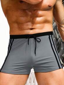 Manfinity 男士織帶拼接腰部抽繩泳褲 - 灰色 - 查看 1