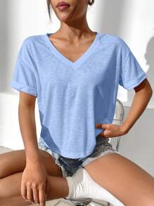 SHEIN Essnce Solid V Neck Drop Shoulder Tee - Baby Blue - View 6